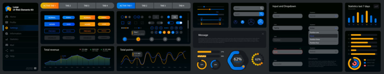 Big, huge, enhanced ui kit for web design, mobile apps with the different buttons, graphics, diagrams, menu, search, tabs and other.