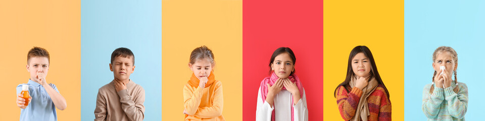 collage with sick children on colorful background