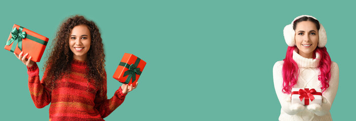 Sticker - Young women with Christmas presents on green background. Banner for design