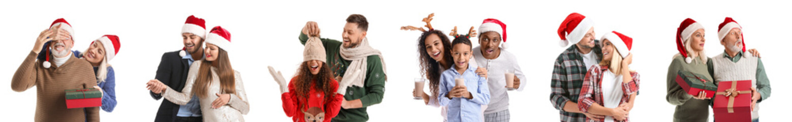 Wall Mural - Set of happy family members celebrating Christmas and New Year on white background