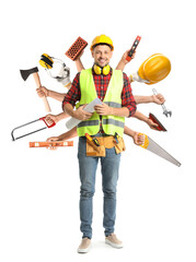 Wall Mural - Portrait of male architect with many hands holding builder's supplies on white background