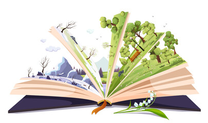 Open book with fairy tale. Green forest and snowy winter, adventure story for children, kids about different off season on sides of pages. Read magic storybook about spring nature. Vector illustration