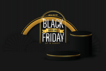 Wall Mural - Black podium on luxury backdrop. Luxury black friday sale scene for product display presentation. Vector geometric rendering platform.