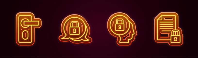 Sticker - Set line Fingerprint door lock, Lock, and Document and. Glowing neon icon. Vector