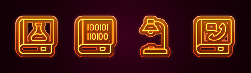 Set line Chemistry book, Books about programming, Table lamp and Phone. Glowing neon icon. Vector