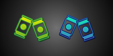 Poster - Green and blue Beer can icon isolated on black background. Vector