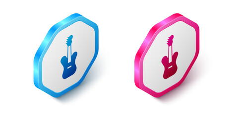 Isometric Electric bass guitar icon isolated on white background. Hexagon button. Vector