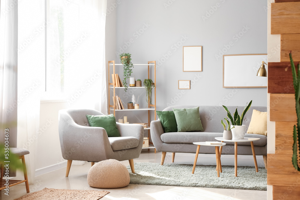 Interior of modern living room with houseplants, sofa and armchair ...