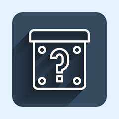 Wall Mural - White line Mystery box or random loot box for games icon isolated with long shadow background. Question mark. Unknown surprise box. Blue square button. Vector