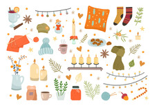 Cute Cozy Autumn. Season Elements Collection. Home Candles. Plaid And Plants In Scandinavian Winter Style. Hygge House. Warm Knitted Hat Or Scarf. Mulled Wine. Vector Cartoon Illustration