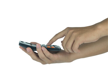 A man's hand holds a calculator isolated on a white background with clipping path.