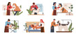 © YummyBuum - Pet services. Groomers with different breeds dogs, animals haircut workers, bathing and blow drying scenes, professional beauty and hygiene for puppies, nowaday vector cartoon flat set