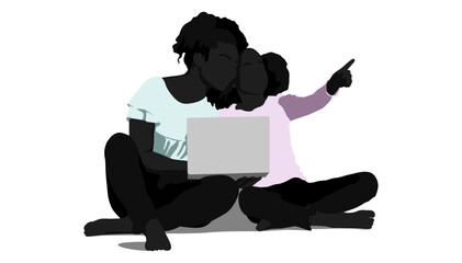 Silhouette of African American mother and teen kid using the laptop. Vector flat style illustration isolated on white