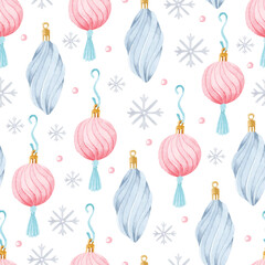 pink and grey watercolor christmas ornaments seamless pattern