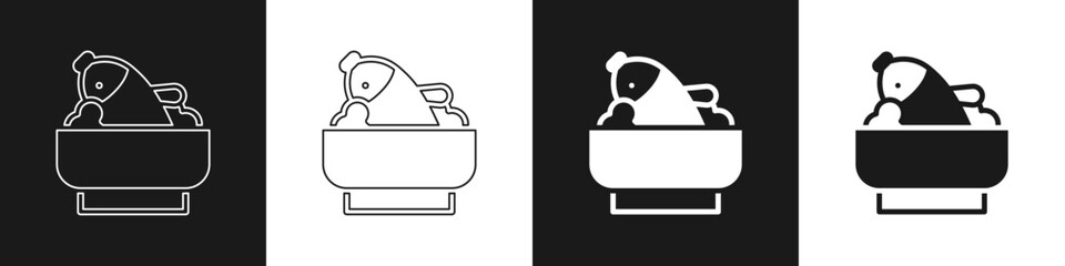 Set Rice with fish in a bowl icon isolated on black and white background. Traditional Asian food. Vector