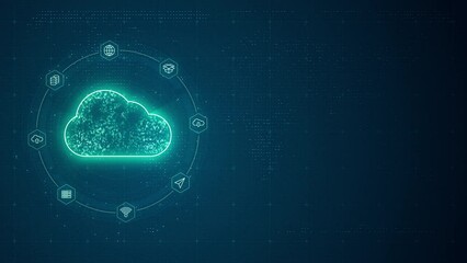 Motion graphic of Blue digital cloud computing with line connection and data transfer to futuristic icon technology on abstract background concept