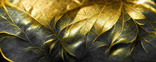 Spectacular Realistic Detailed Veins And Half Black And Gold Abstract Close-up, Leaf Covered With Gold Dust. Digital 3D Illustration. Macro Artwork.