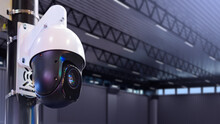 Warehouse Video Surveillance System. Camera Inside Warehouse Building. Dome Camera Hanging On Pole. Video Security System At Enterprise. Cctv Technology. Video Monitoring. Selective Focus. 3d Image.