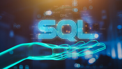 Wall Mural - hand showing sql word and sql (structured query language) code with server room background.