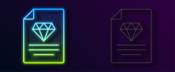 Glowing neon line Certificate of the diamond icon isolated on black background. Vector