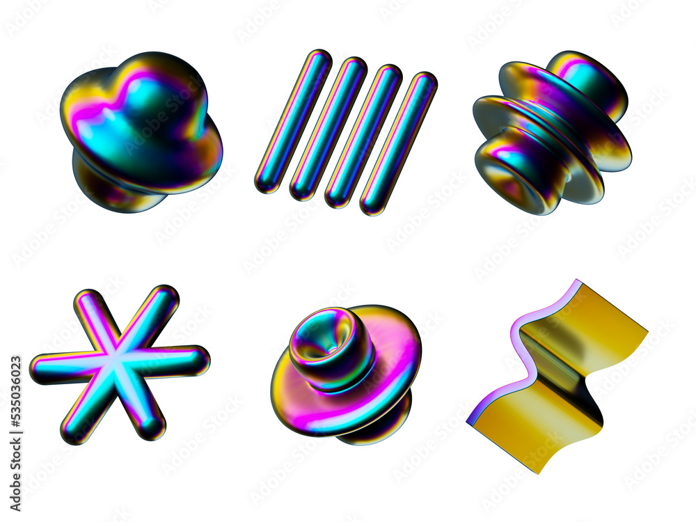 3d rendering. Different iridescent geometric shapes set. Modern minimal ...