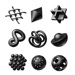 Wall Mural - 3d render. Collection of assorted geometric shapes. Set of different icons, signs and symbols. Black objects isolated on transparent background