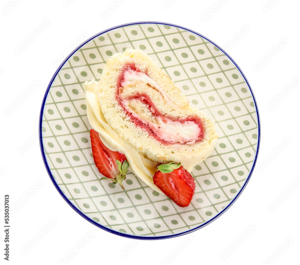 Plate with slice of tasty strawberry roll cake on white background