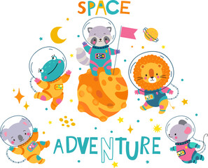 Wall Mural - space adventure animals children print, astronauts in suits. funny lion and koala flying with planet