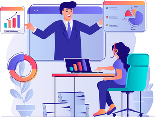 Wall Mural - Business webinar concept with people scene. Woman watching online training video with business coach, analyzing data and improves skills. Illustration with characters in flat design for web