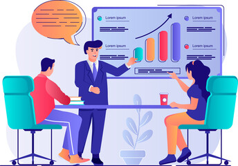 Wall Mural - Business meeting concept with people scene. Man and woman discussing presentation, doing work tasks and create company financial strategy. Illustration with characters in flat design for web