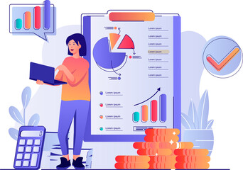 Wall Mural - accounting concept with people scene. woman bookkeeper making research of financial data and statist