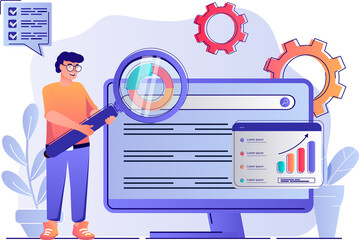 seo analysis concept with people scene. man settings site for search engines, analyzes statistics of