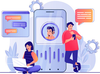 Aufkleber - Virtual assistant concept with people scene. Woman and man make video calling or writing message to hotline for customer support service. Illustration with characters in flat design for web
