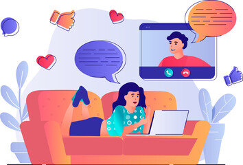 Aufkleber - Video chatting concept with people scene. Woman talking to man by video calling using laptop, connecting with colleagues and friends. Illustration with characters in flat design for web