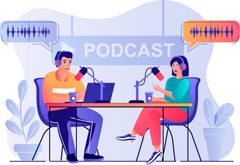 Aufkleber - Podcast streaming concept with people scene. Woman and man speaking into microphone and broadcasting live at studio. Host talking with guest. Illustration with characters in flat design for web