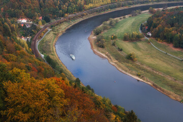 Wall Mural - View of a valley of river Elbe countryside in autumn near Saxon Switzerland Mountains. Dresden. Germany. 