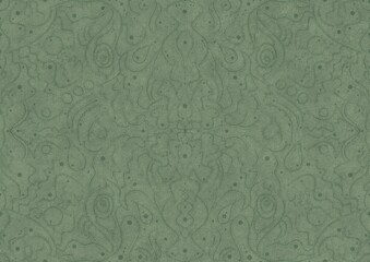  Hand-drawn unique abstract symmetrical seamless ornament. Dark semi transparent green on a light warm green background color. Paper texture. A4. (pattern: p07-2a)