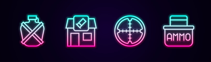 Sticker - Set line Canteen water bottle, Hunting shop, Sniper optical sight and Ammunition box. Glowing neon icon. Vector