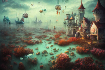 Wall Mural - strange surreal underwater town, fantasy background, digital illustration