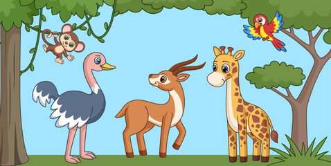 Cute cartoon african exotic animals background. Wild animals illustration, vector kids adventure book scene with monkey, giraffe and parrot