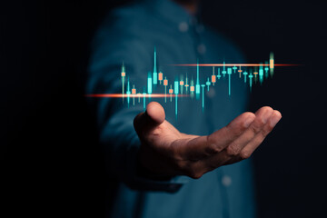 Aufkleber - Hands show up target analyze sales data trading and showing a growing virtual screen of statistics, graph and chart. Stock market business growth, planing and strategy concept.
