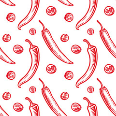 Red chili peppers, vector illustration. Seamless pattern with pepper.