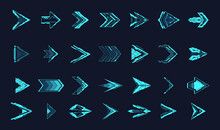 Hud Arrows. Hologram Sci-fi Arrow Or Futuristic Light Triangle Pointers, Digital Directional Movement Cursor Neon Cyberpunk Game Ui Orientation Symbol, Garish Vector Illustration
