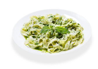 Canvas Print - plate of pasta with pesto sauce on white background