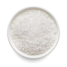 Coarse Sea Salt In White Bowl Isolated On White. Top View.