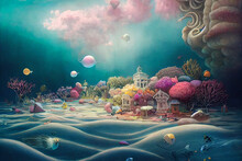 Strange Surreal Underwater Town, Fantasy Background, Digital Illustration