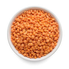 Wall Mural - Orange lentil in white bowl isolated on white. Top view.