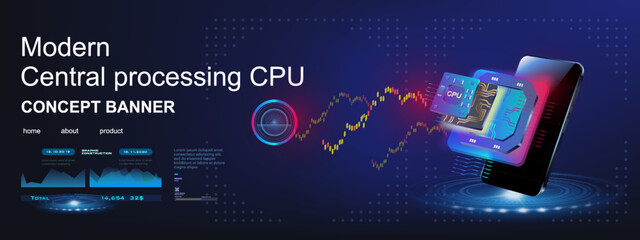 CPU. New generation computer processor. Innovative chip for processing large amounts of streaming information. Processor on futuristic background with mobile phone. Advanced internet technologies