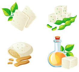 Soy oil food soybean tofu protein vegan style isolated set. Vector graphic design element illustration