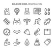 Menstruation, bold line icons. The illustrations are a vector, editable stroke, pixel perfect files. Crafted with precision and eye for quality.